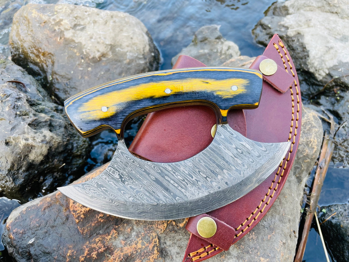 Alaskan Ulu Damascus Steel- Yellow
